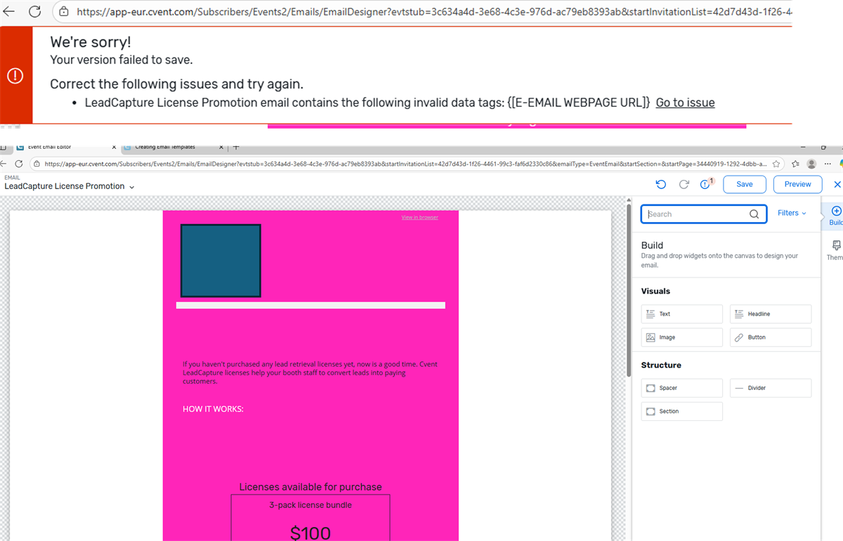 Screen shot of error, and page it takes me to when i click the 'fix error' link.